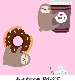Seamless pattern with sloth, coffee and donut. Repeat print with cute animal.