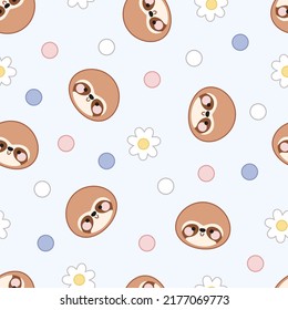 Seamless pattern of sloth faces, flowers and dots on a purple background.