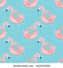 Seamless pattern with sloth and flamingo swimming ring. Cute summer print. Vector animal