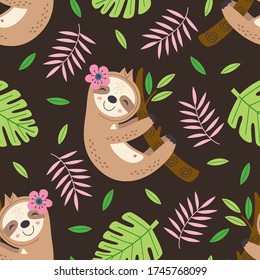 seamless pattern with sloth hanging on a branch
 -  vector illustration, eps