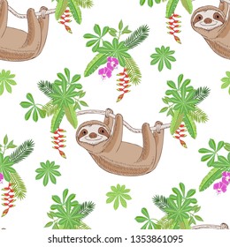 Seamless Pattern with Sloth in Jungle. Animal and Plants sketches. Hand Drawn Background. Vector Illustration