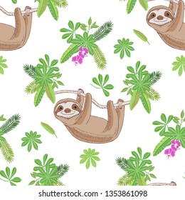 Seamless Pattern with Sloth in Jungle. Animal and Plants sketches. Hand Drawn Background. Vector Illustration