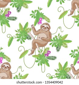 Seamless Pattern with Sloth in Jungle. Animal and Plants sketches. Hand Drawn Background. Vector Illustration