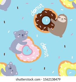 Seamless pattern with sloth and koala. Repeat print with cute animals and donut.