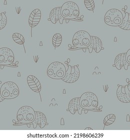 seamless pattern with sloth in linear style. Safari coloring pattern. Childish pattern for fabric, wrapping, clothing, textile, wallpaper, pajamas, kids apparel, beddings. Vector