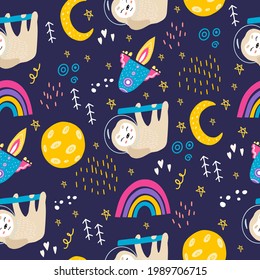 Seamless pattern with sloth, moon, stars, space, rainbow. Cute sloth in a space suit in space. Vector pattern with an animal for decorating clothes, fabrics, and children's rooms. Flat doodle style.