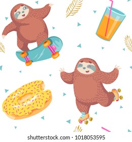 seamless pattern with sloth on roller skates and skate board, donut and glass of juice. children's illustration