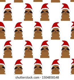 Seamless pattern with sloth in Santa's hat. Art for children illustration, holiday packing.