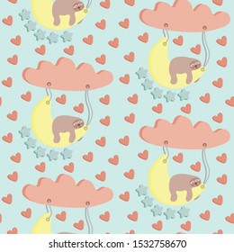 seamless pattern, sloth sleeping on the moon, with stars, clouds and heart shapes