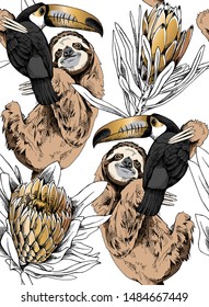 Seamless pattern. Sloth with a Toucan and gold protea (Sugarbushes and African) flowers. Textile composition, hand drawn style print. Vector illustration.