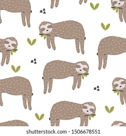 Seamless pattern sloth. Vector illustration for printing on fabric, clothes, dishes, packaging paper. Cute baby background.