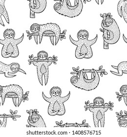 Seamless pattern with slothes. Black and white nursery background. Childish design. Perfect for textile, apparel, fabric, wrapping, wallpaper. Vector illustration.