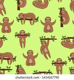 Seamless pattern with slothes. Colorful nursery background. Childish design. Perfect for textile, apparel, fabric, wrapping, wallpaper. Vector illustration.