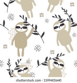Seamless pattern, sloths and branches, hand drawn overlapping backdrop. Colorful background vector. Illustration with animals. Decorative colored wallpaper, good for printing