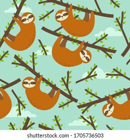 Seamless pattern, sloths and branches, hand drawn overlapping backdrop. Colorful background vector. Illustration with animals. Decorative colored wallpaper, good for printing