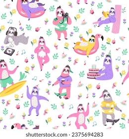 Seamless pattern with sloths. Cute lazy animals. Funny sloth. Childish decor textile, wrapping paper, wallpaper design. Print for fabric. Cartoon flat style isolated vector concept