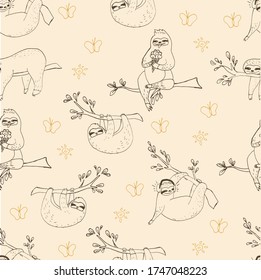 
Seamless pattern with sloths in different poses on a beige background. Background with tropical animals. Sloths in different poses on a tree. Vector illustration in colored doodle style.