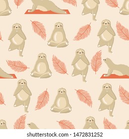 Seamless pattern of sloths doing yoga with leaves on a light background