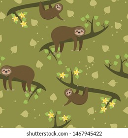 Seamless pattern with sloths. For fabric or wrapping paper. Vector graphics.