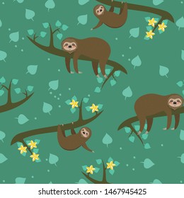 Seamless pattern with sloths. For fabric or wrapping paper. Vector graphics.