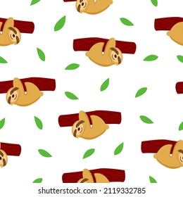 Seamless pattern of sloths hanging on tree branch and green leaves. White background. Cartoon character. Cute and funny. Summer and spring. For wallpaper, textile, scrapbooking and wrapping paper