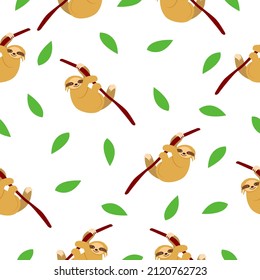 Nahtloses Muster von Schluchten, die auf Baumzweig und grünen Blättern hängen. Weißer Hintergrund. Cartoon-Charakter. Frisch und lustig. Sommer und Frühling. Für Tapeten, Textilien, Scrapbooking und Wrackpapier