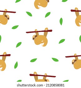Seamless pattern of sloths hanging on tree branch and green leaves. White background. Cartoon character. Cute and funny. Summer and spring. For wallpaper, textile, scrapbooking and wrapping paper