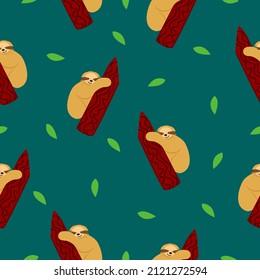 Seamless pattern of sloths hanging on tree branch and green leaves. Dark green background. Cartoon style. Cute and funny. Summer and spring. For wallpaper, textile, scrapbooking and wrapping paper