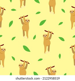 Seamless pattern of sloths hanging on tree branch and green leaves. Yellow background. Cartoon character. Cute and funny. Summer and spring. For wallpaper, textile, scrapbooking and wrapping paper