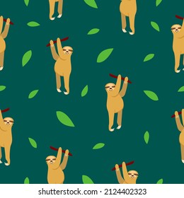 Seamless pattern of sloths hanging on tree branch and green leaves. Dark green background. Cartoon style. Cute and funny. Summer and spring. For wallpaper, textile, scrapbooking and wrapping paper