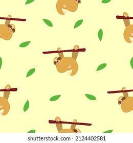 Seamless pattern of sloths hanging on tree branch and green leaves. Yellow background. Cartoon character. Cute and funny. Summer and spring. For wallpaper, textile, scrapbooking and wrapping paper