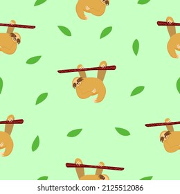 Seamless pattern of sloths hanging on tree branch and green leaves. Pastel green background. Cartoon style. Cute and funny. Summer and spring. For wallpaper, textile, scrapbooking and wrapping paper