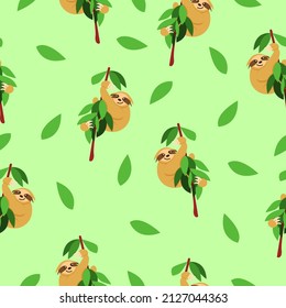 Seamless pattern of sloths hanging on tree branch and green leaves. Pastel green background. Cartoon style. Cute and funny. Summer and spring. For wallpaper, textile, scrapbooking and wrapping paper