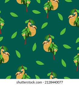 Seamless pattern of sloths hanging on tree branch and green leaves. Dark green background. Cartoon style. Cute and funny. Summer and spring. For wallpaper, textile, scrapbooking and wrapping paper