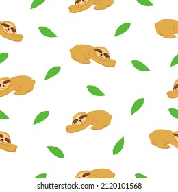 Seamless pattern of sloths lying on the ground and green leaves. White background. Cartoon character. Cute and funny. Summer and spring. For wallpaper, textile, scrapbooking and wrapping paper