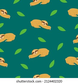 Seamless pattern of sloths lying on the ground and green leaves. Dark green background. Cartoon character. Cute and funny. Summer and spring. For wallpaper, textile, scrapbooking and wrapping paper