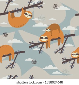 Seamless pattern, sloths on the branches, hand drawn overlapping backdrop. Colorful background vector. Illustration with animals. Decorative colored wallpaper, good for printing