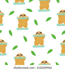 Seamless pattern of sloths sitting on turquoise fence and green leaves. White background. Cartoon character. Cute and funny. Summer and spring. For wallpaper, textile, scrapbooking and wrapping paper