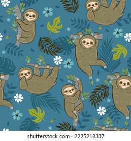 Seamless pattern with sloths and tropical leaves. Vector graphics.