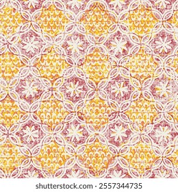 Seamless pattern slub textured vintage geometric arts and deco line floral grunge textured red and yellow background design.