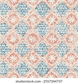 Seamless pattern slub textured vintage geometric arts and deco line floral grunge textured blue and pink background design.