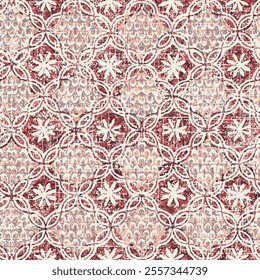 Seamless pattern slub textured vintage geometric arts and deco line floral grunge textured pink background design.