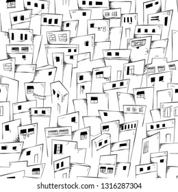 Seamless Pattern Of Slum City In Black And White. Vector Background