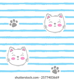 Seamless pattern. Sly cat faces and cat paw prints on grid background, sketch style illustration