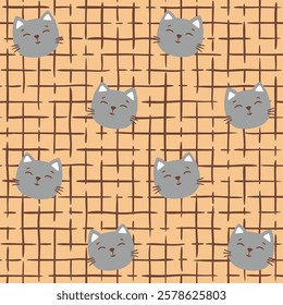 Seamless pattern. Sly cat faces and cat paw prints on brown grid background, sketch style illustration