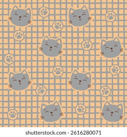 Seamless pattern. Sly cat faces and cat paw prints on brown grid background, sketch style illustration