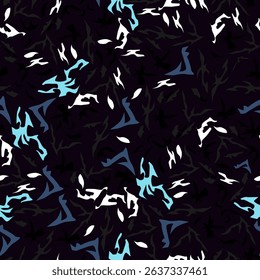 Seamless pattern with small abstract figures in blue and white shades on a dark background, reminiscent of camouflage. Vector illustration, For the design of stylish abstract patterns and backgrounds