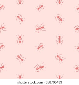 Seamless pattern with small ants on light pink background, vector illustration