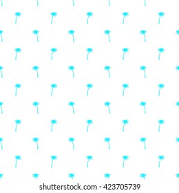 Seamless pattern of small azure blue turquoise palm trees on a white background in the style of polka dot.