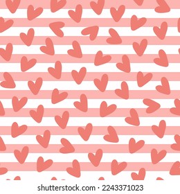 Seamless pattern with small beige hearts on a stripped background. Vector groovy print for wallpaper, fabric, textile design, wrapping paper.